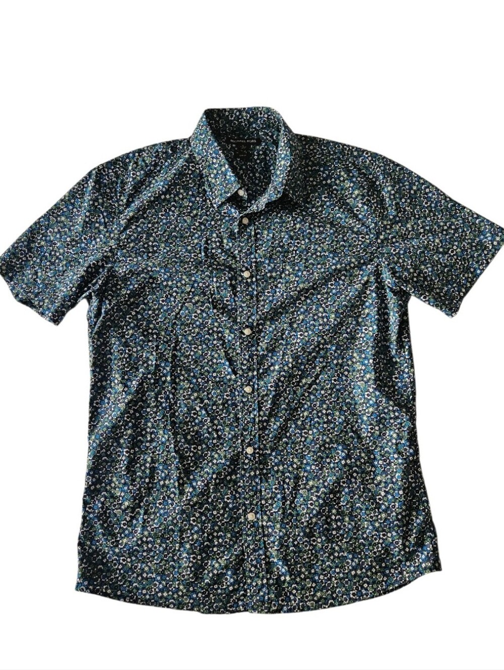 MICHAEL KORS Blue Slim Fit Micro Floral Short Sleeve Button Down Shirt | SZ L